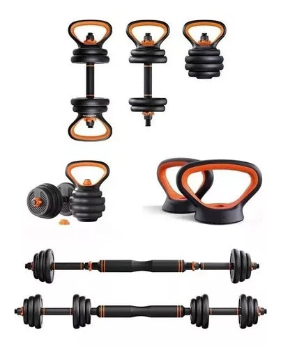 Set De Mancuernas 20kg Convertibles Barra Recta Y Kettlebell