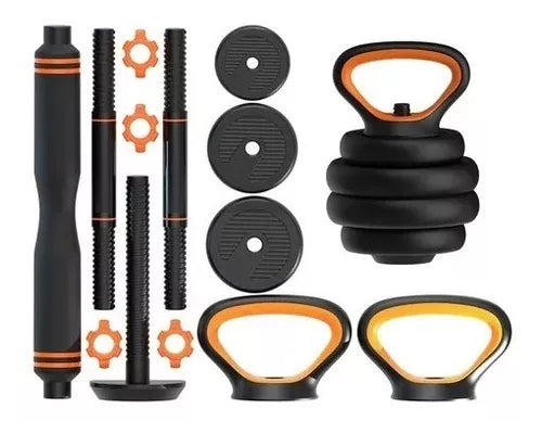 Set De Mancuernas 20kg Convertibles Barra Recta Y Kettlebell